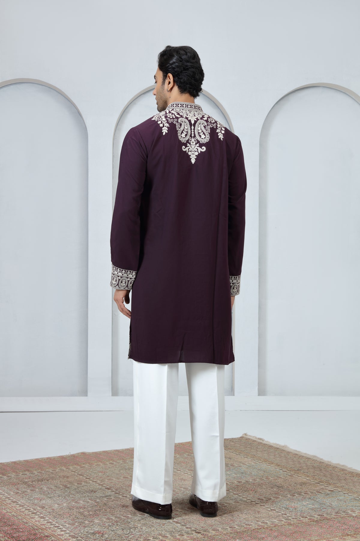 Maroon Designer Kurta for Men with White Threadwork