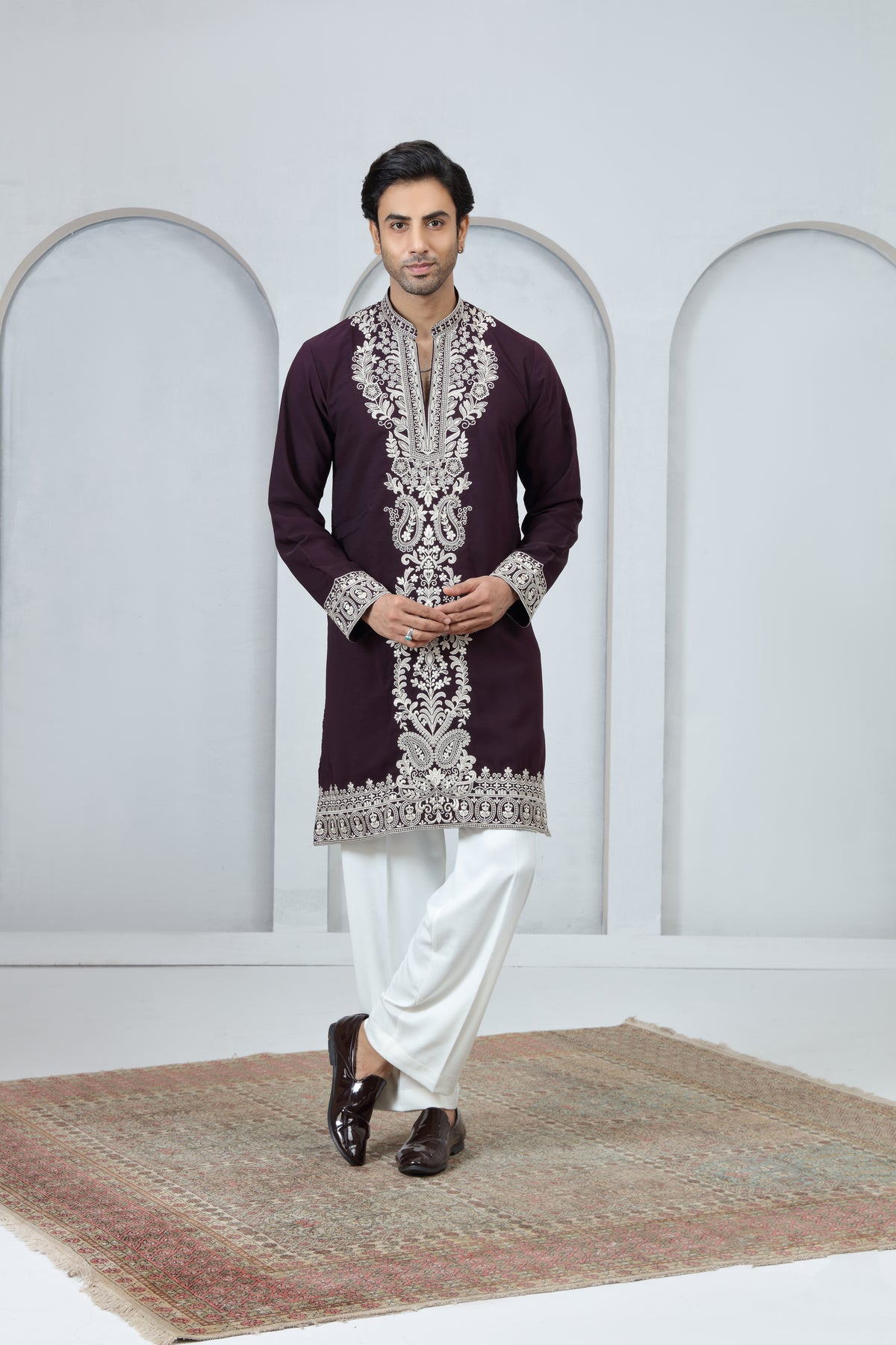 Maroon Designer Kurta for Men with White Threadwork