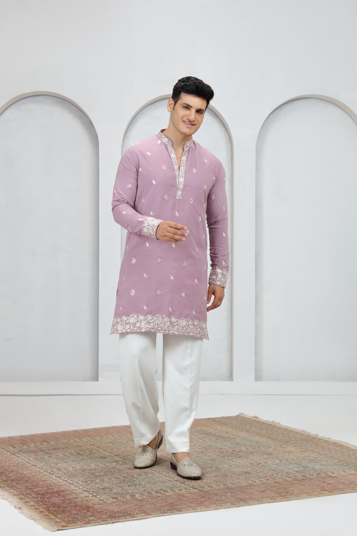 Pink Kurta Pajama for Men with Embellished Neckline