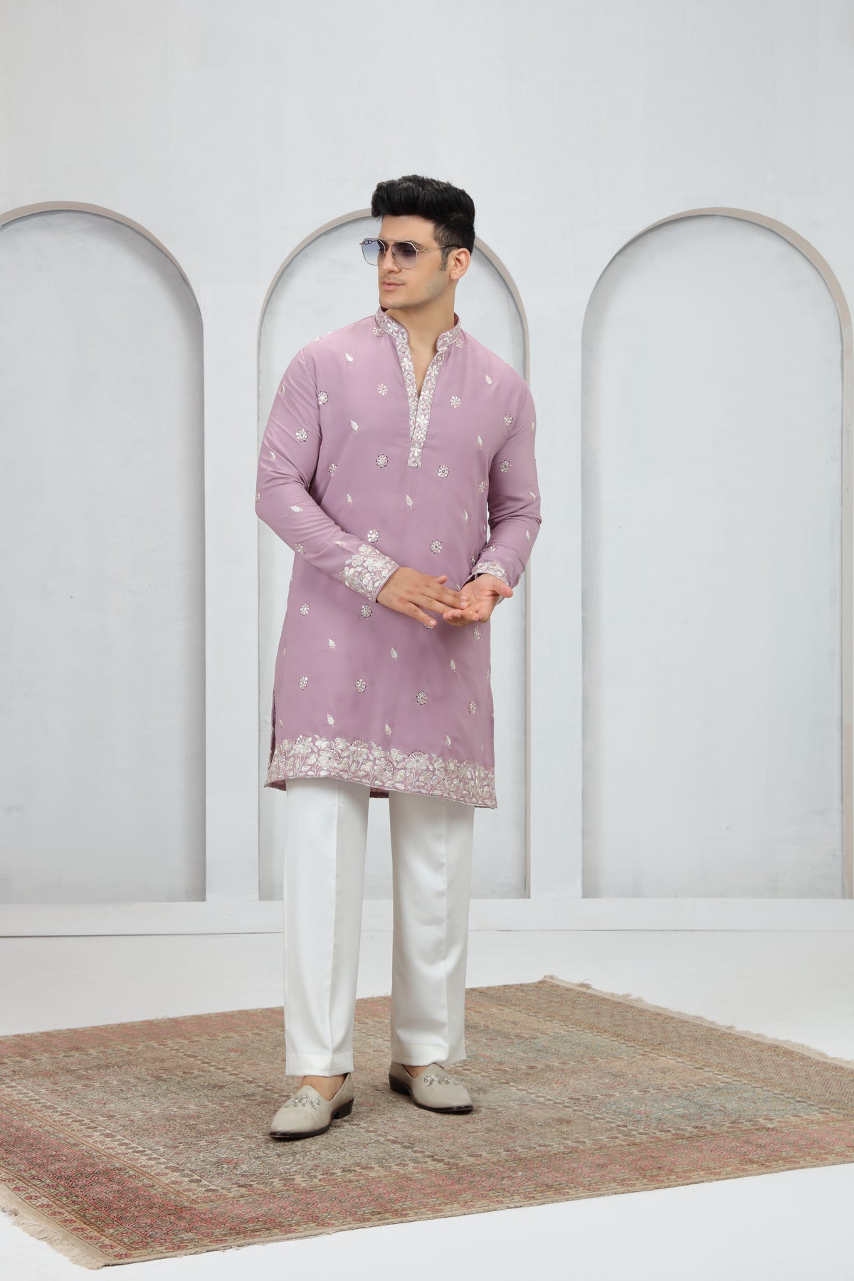 Pink Kurta Pajama for Men with Embellished Neckline