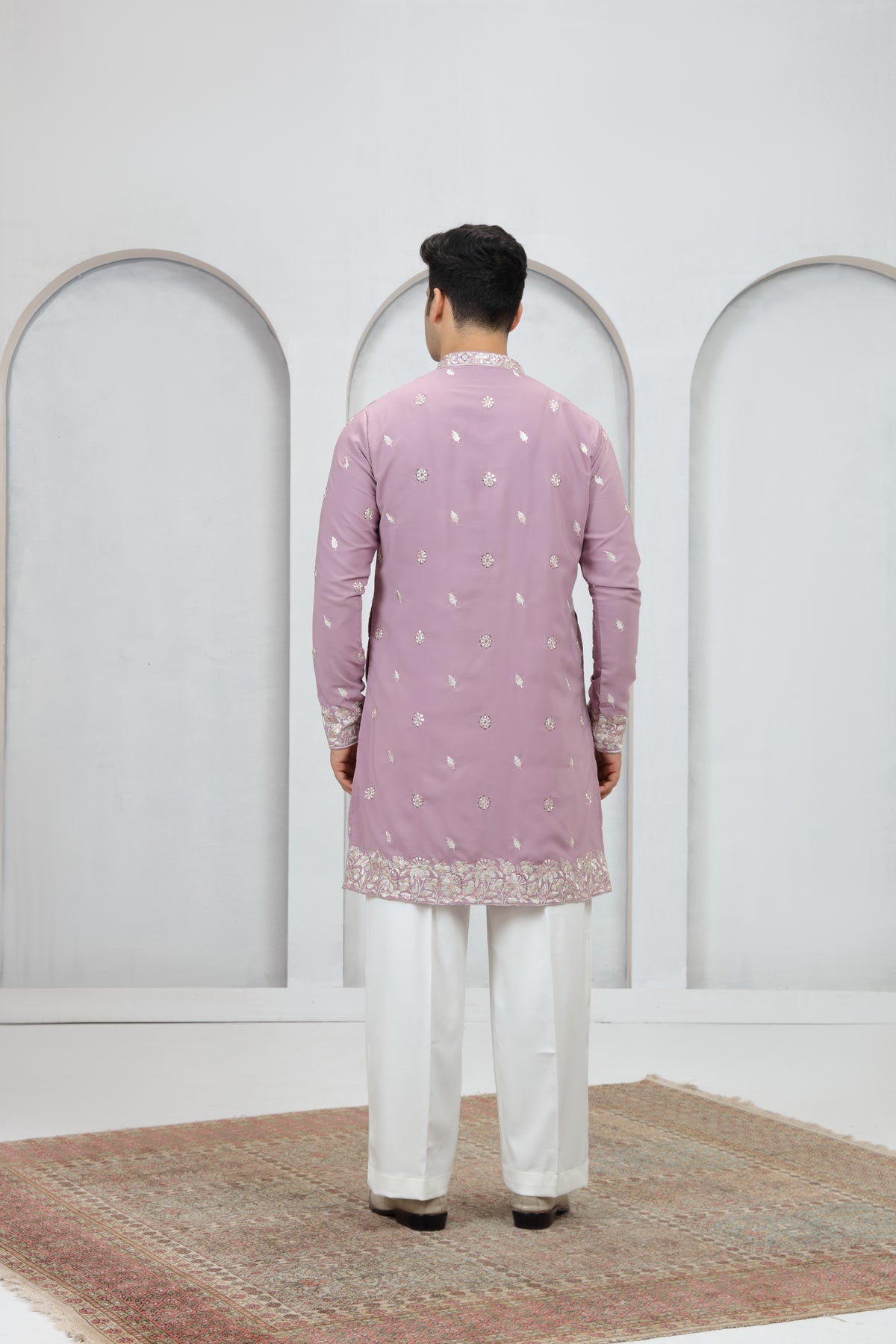 Pink Kurta Pajama for Men with Embellished Neckline