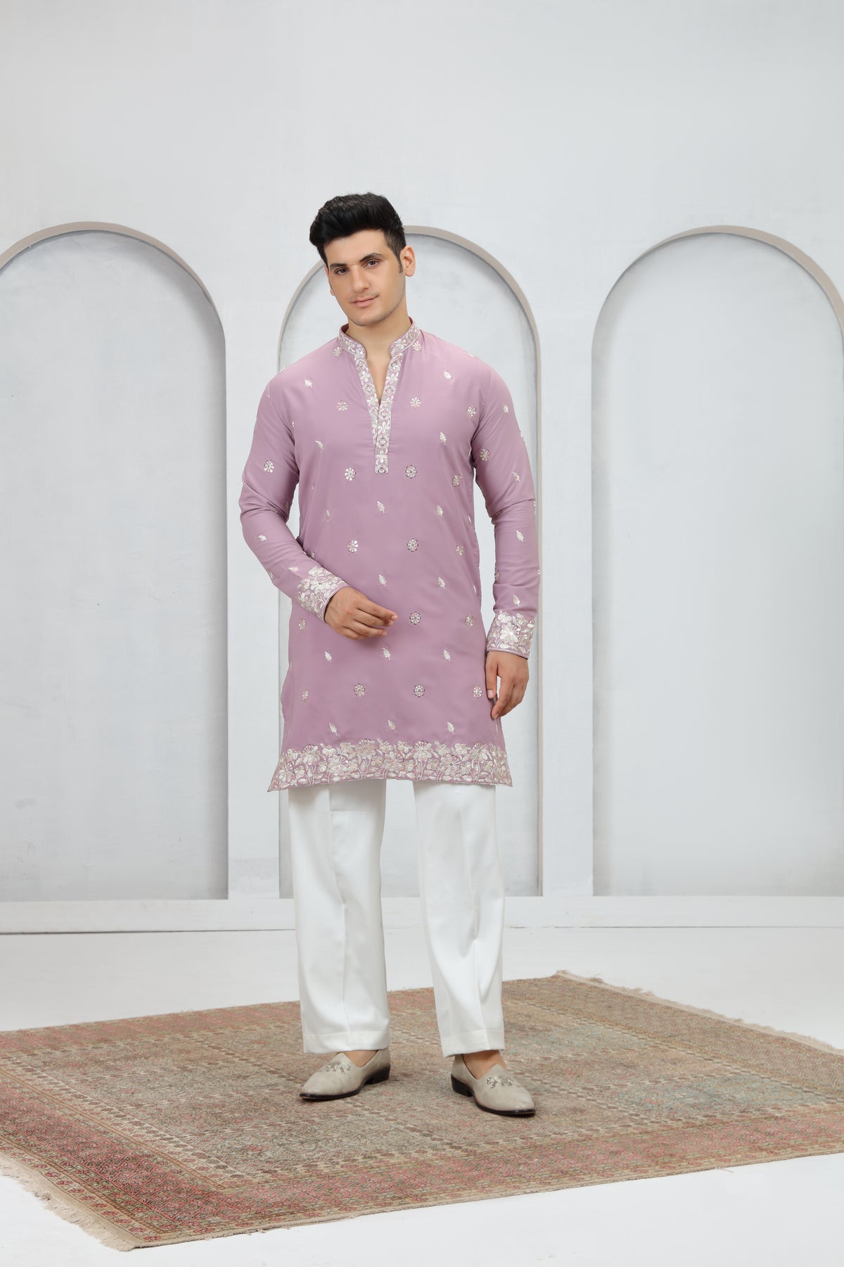Pink Kurta Pajama for Men with Embellished Neckline
