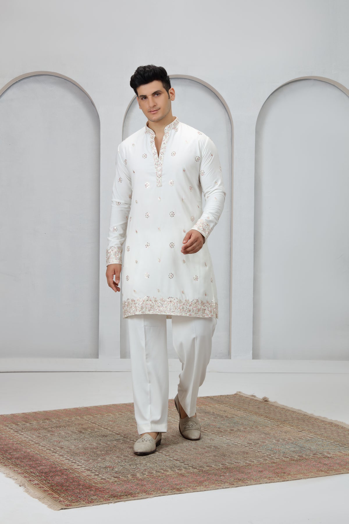 White Pattern Work Silk Kurta Pajama