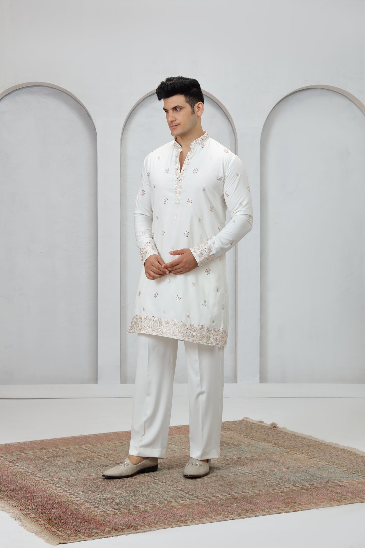White Pattern Work Silk Kurta Pajama