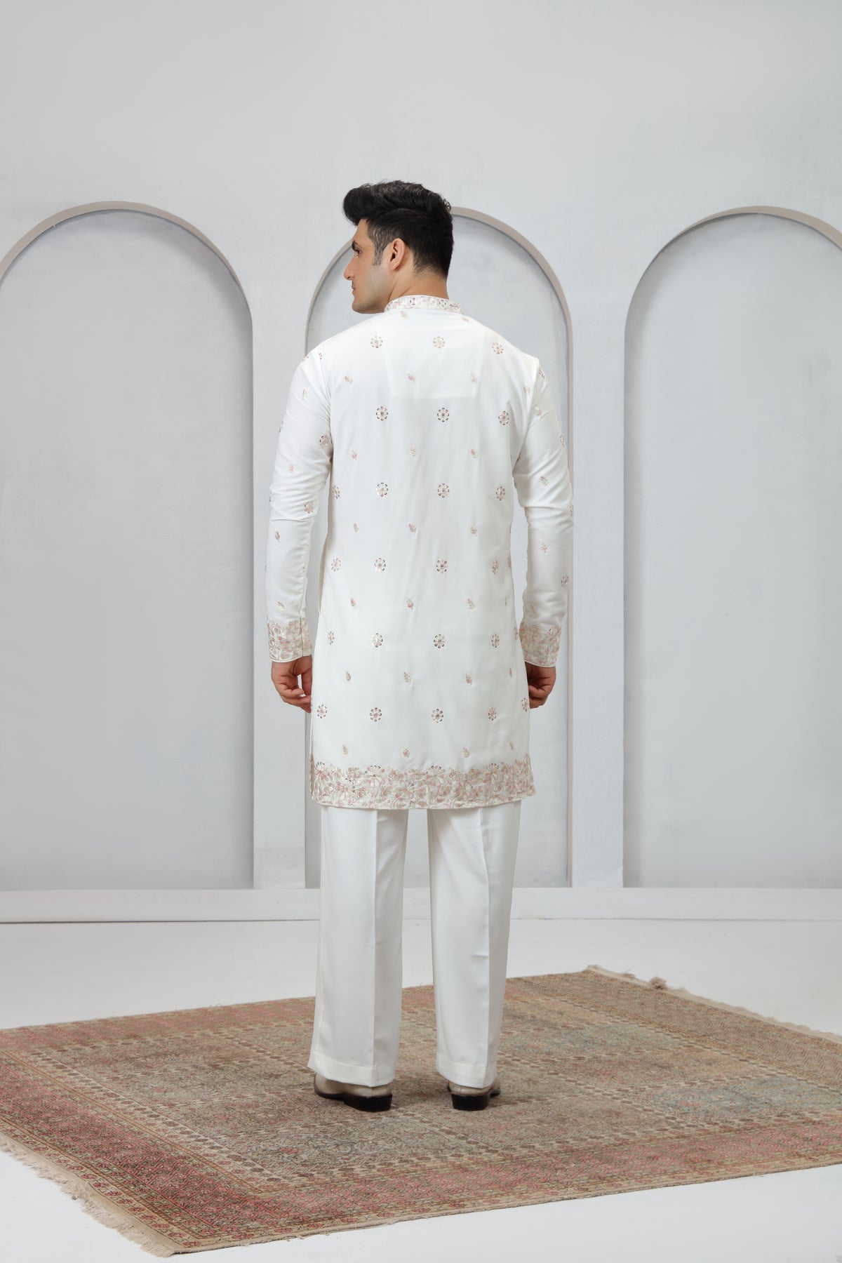 White Pattern Work Silk Kurta Pajama