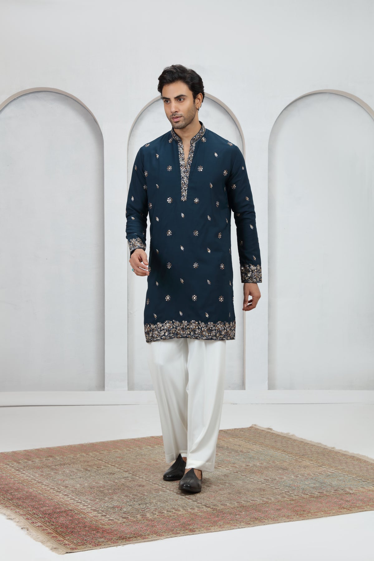 Navy Blue Floral Cuff Work Kurta Pajama