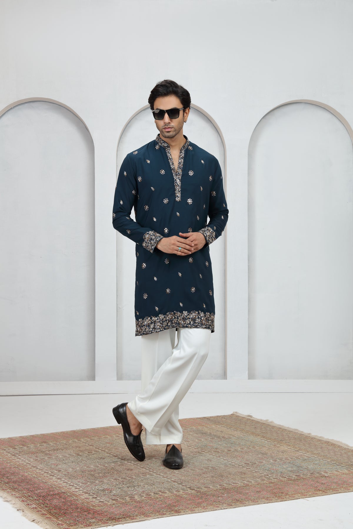 Navy Blue Floral Cuff Work Kurta Pajama
