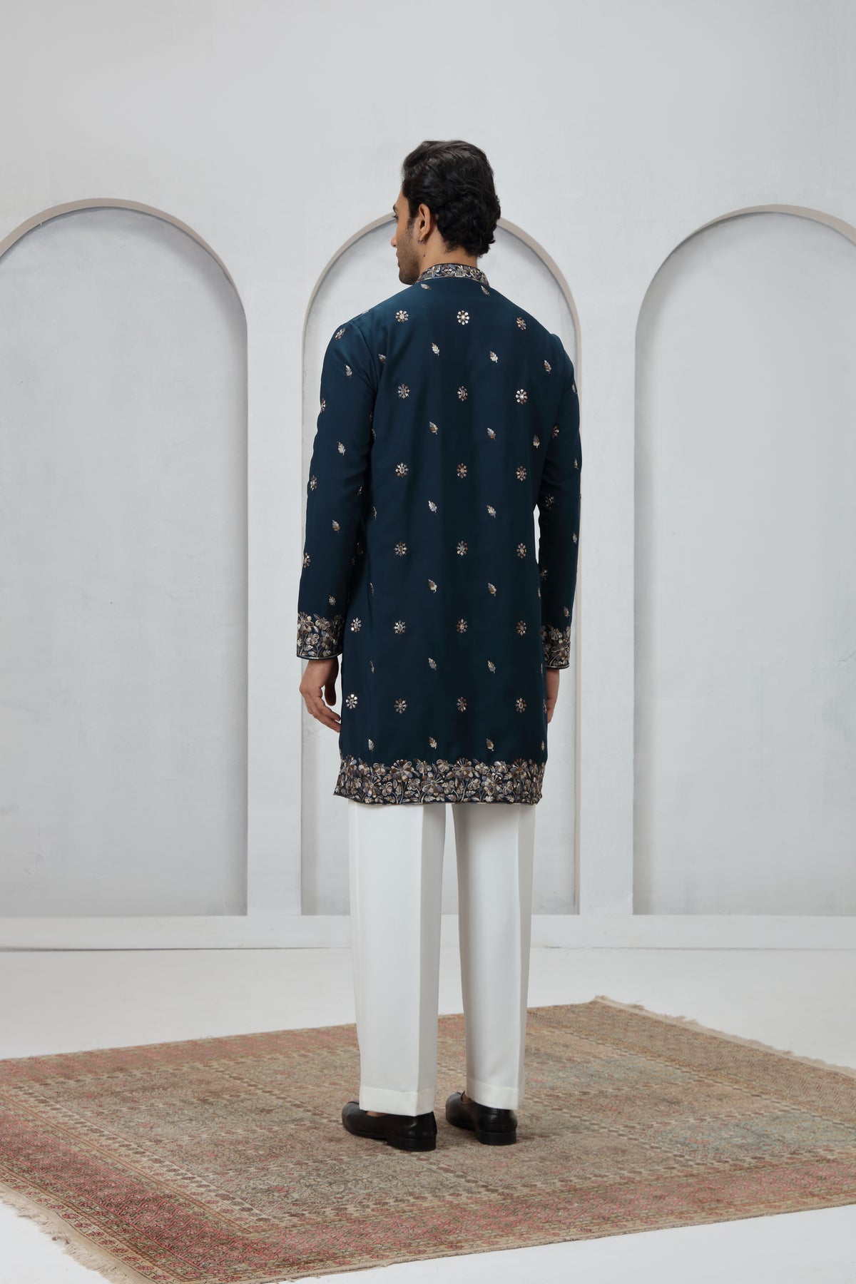 Navy Blue Floral Cuff Work Kurta Pajama