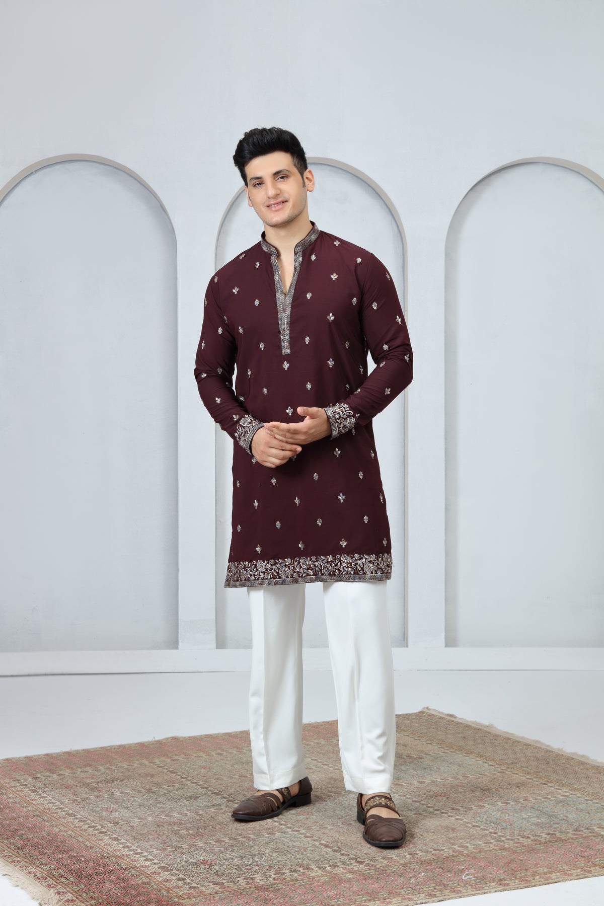 Maroon Silver Pattern Kurta Pajama for Men