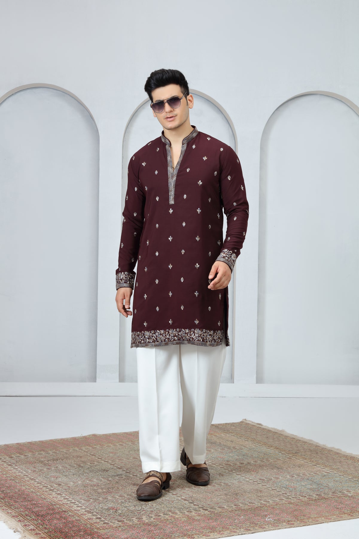 Maroon Silver Pattern Kurta Pajama for Men