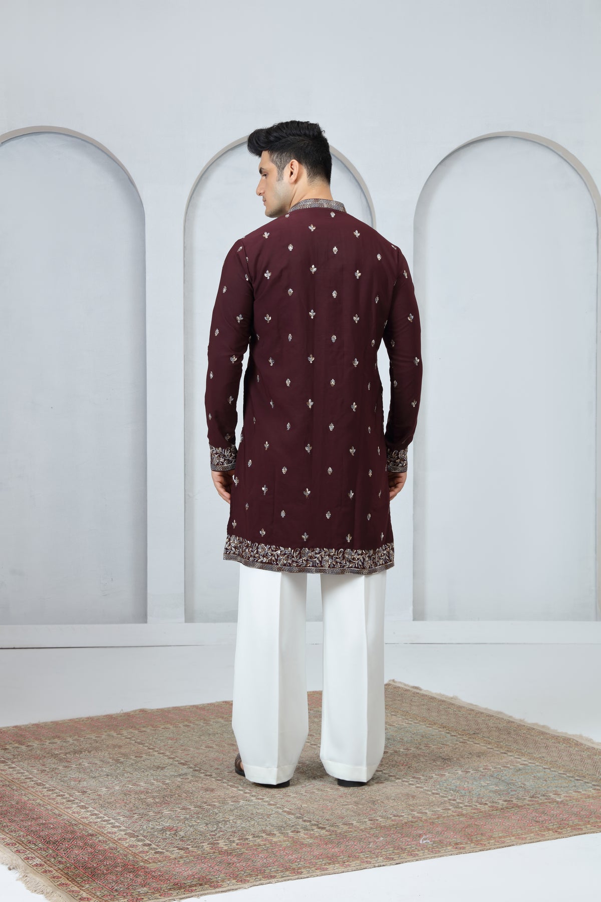Maroon Silver Pattern Kurta Pajama for Men
