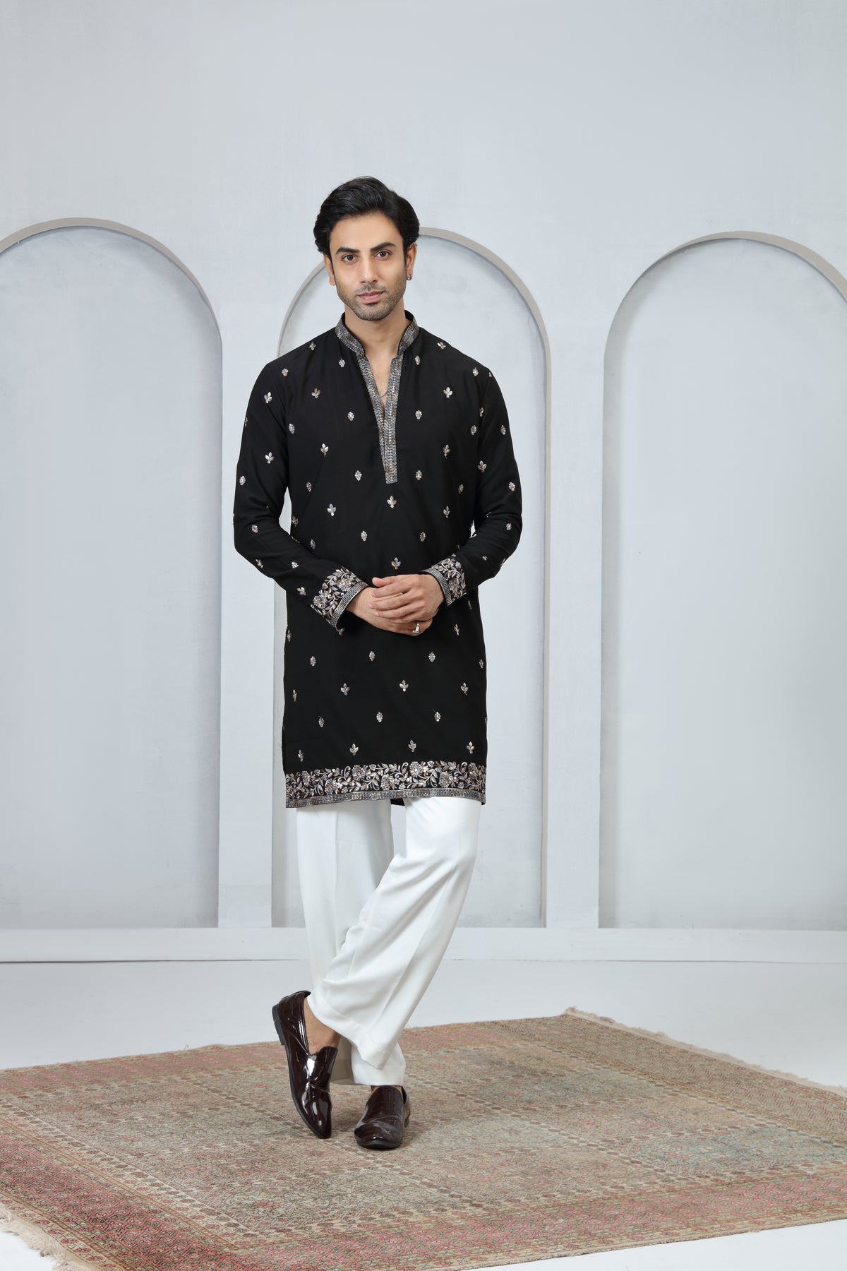 Black Silver Border Work Kurta Pajama