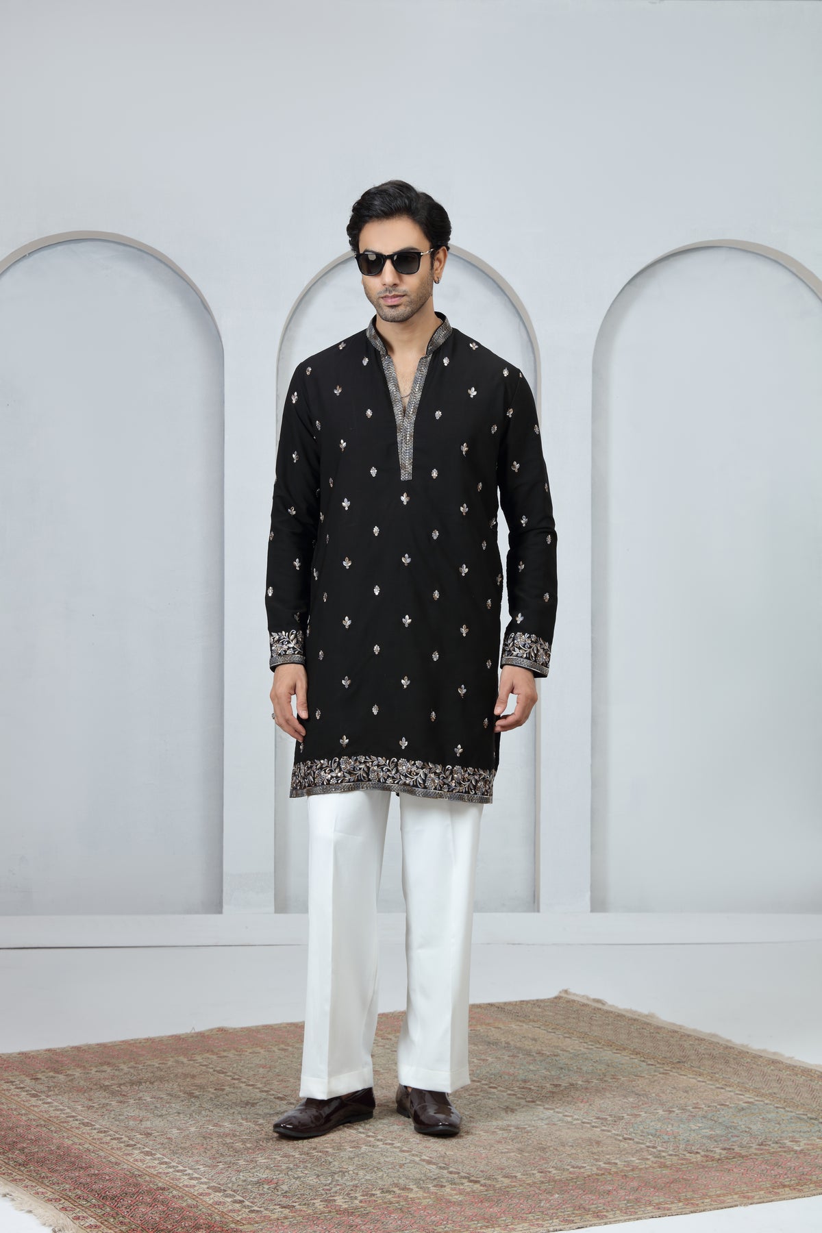 Black Silver Border Work Kurta Pajama