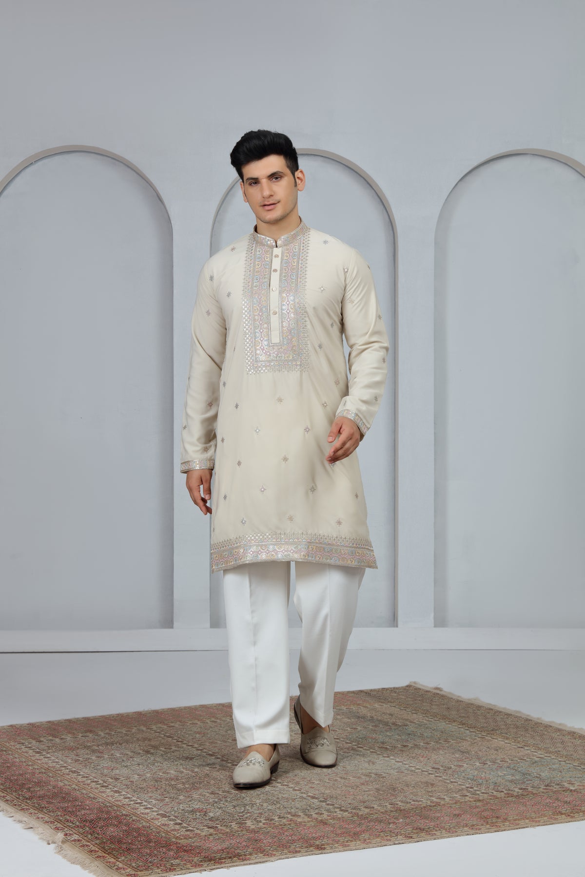 Cream Multicolour Border Kurta Set for Men