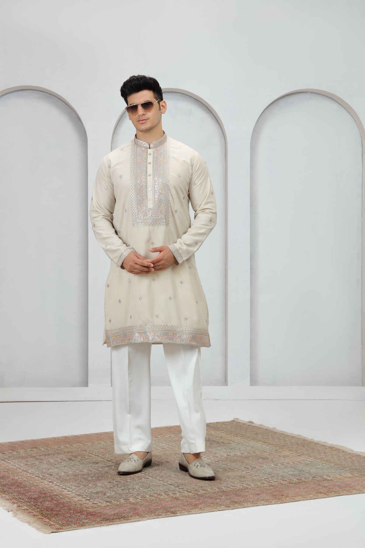 Cream Multicolour Border Kurta Set for Men