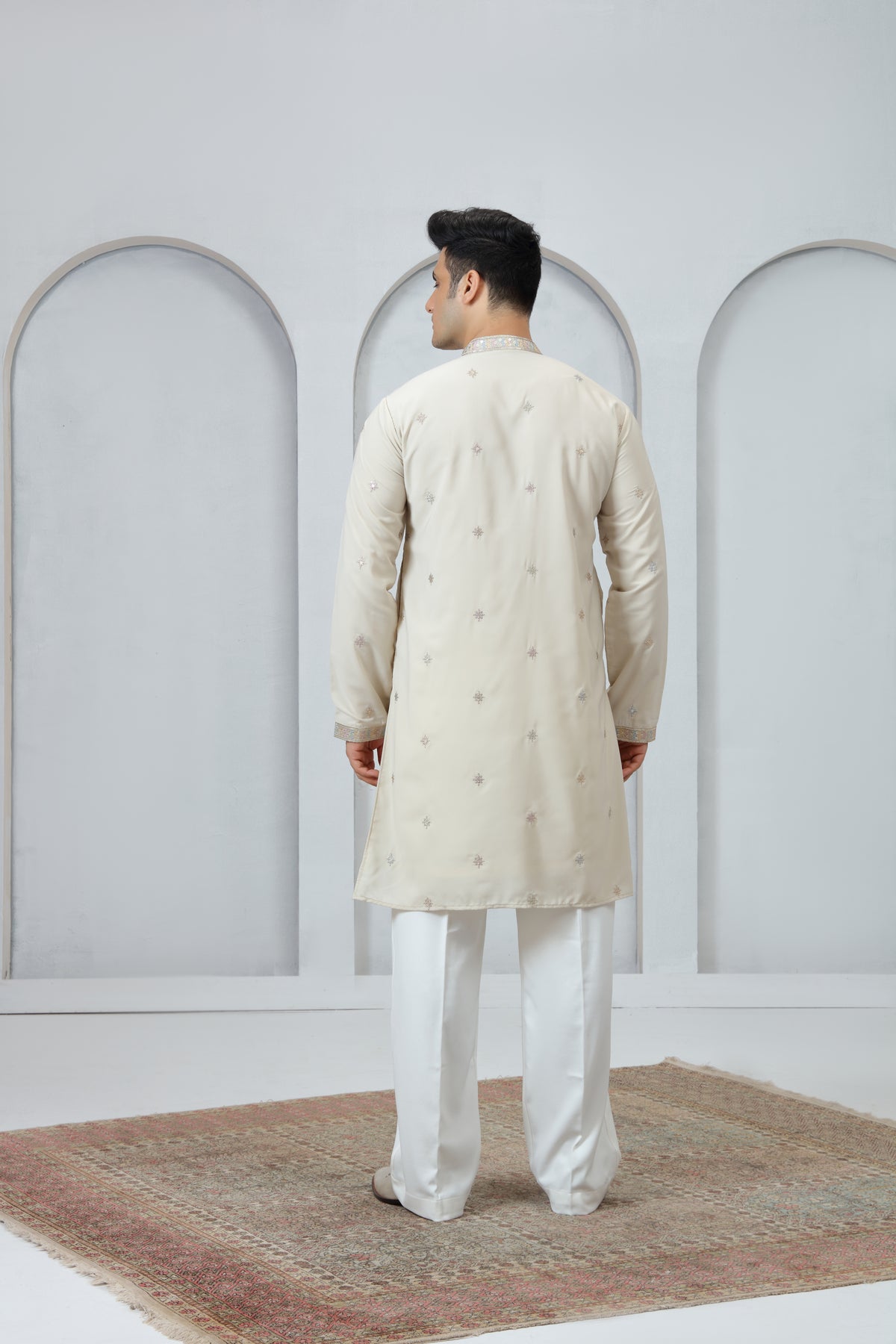 Cream Multicolour Border Kurta Set for Men
