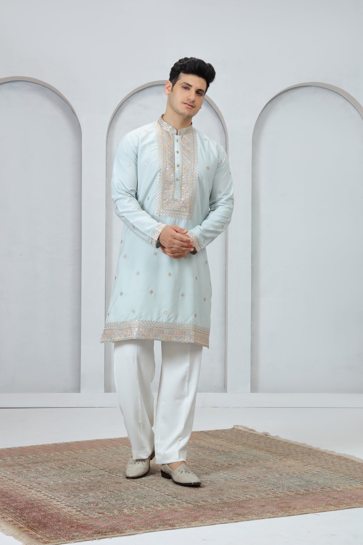 Light Blue Pastel Border Kurta Pajama for Men