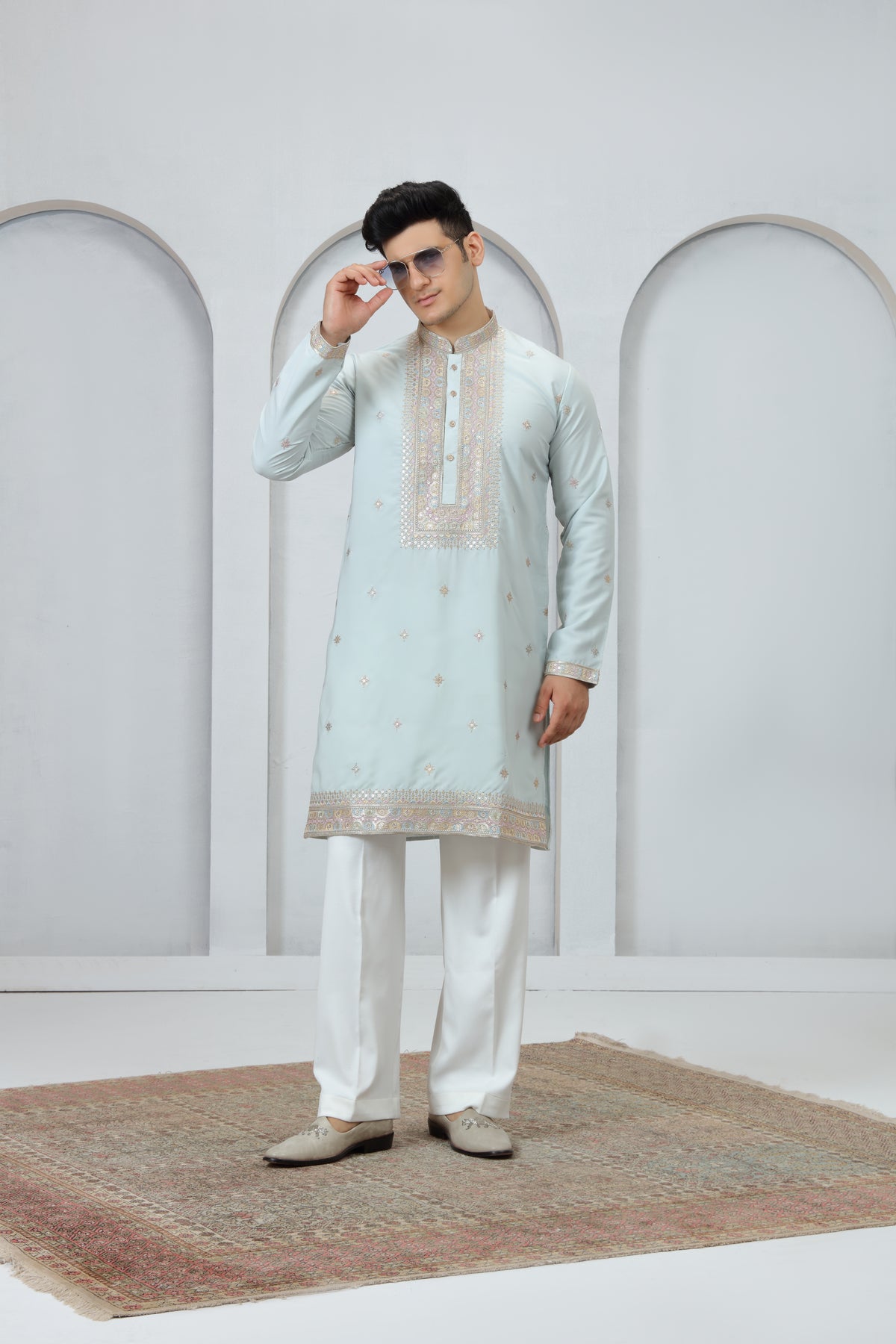 Light Blue Pastel Border Kurta Pajama for Men
