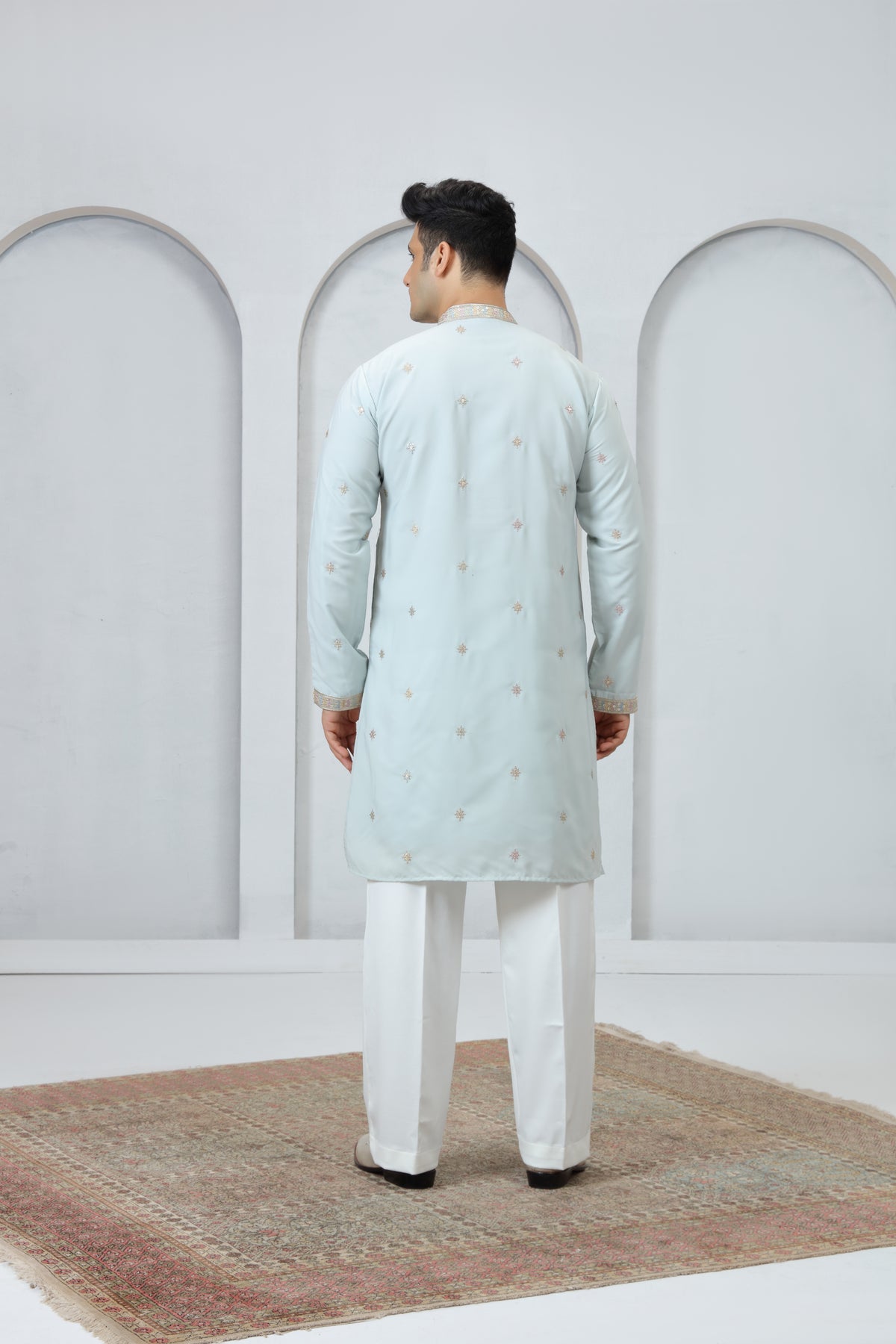 Light Blue Pastel Border Kurta Pajama for Men