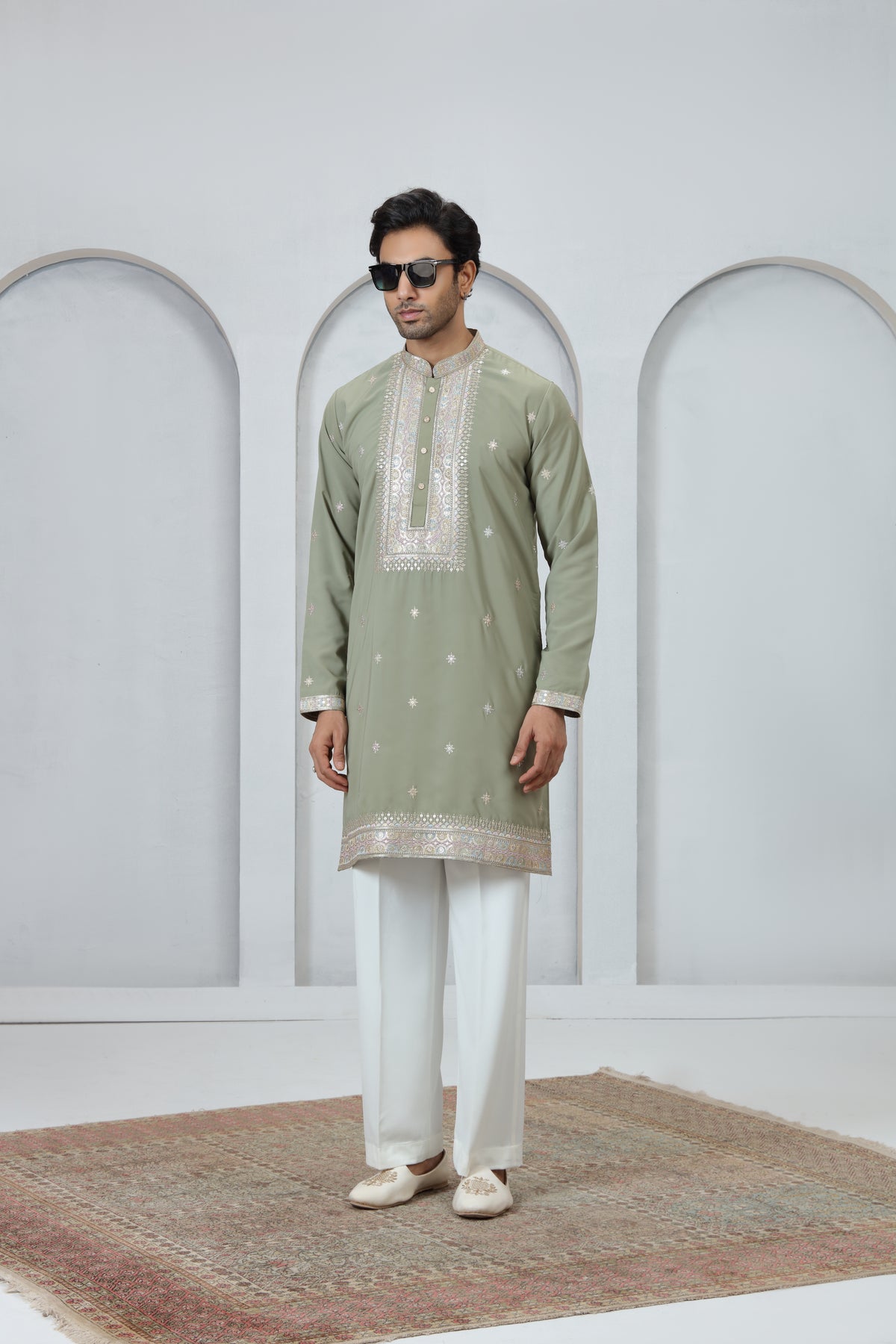 Green Embellished Placket Kurta Pajama Set