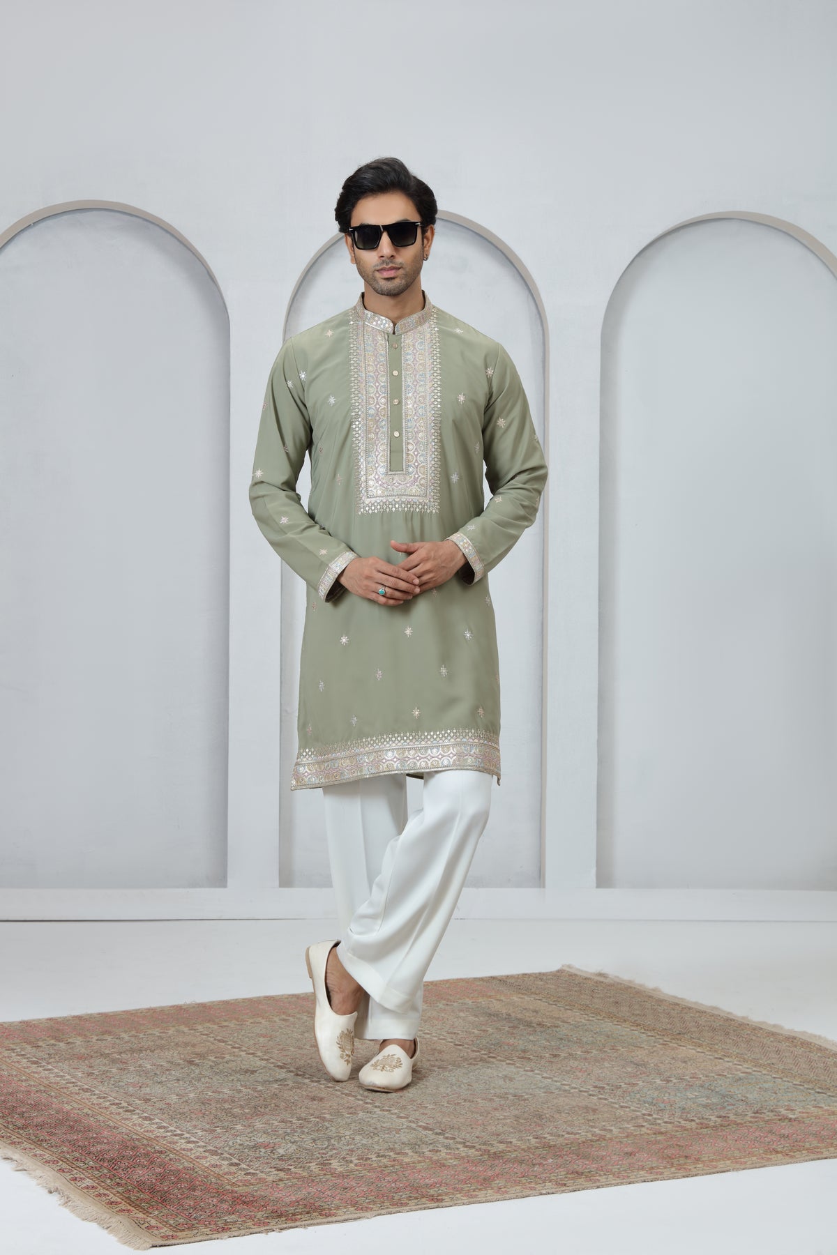 Green Embellished Placket Kurta Pajama Set