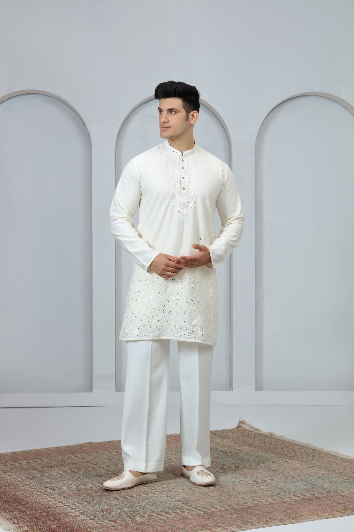 White Textured Hem Embroidery Kurta pjama