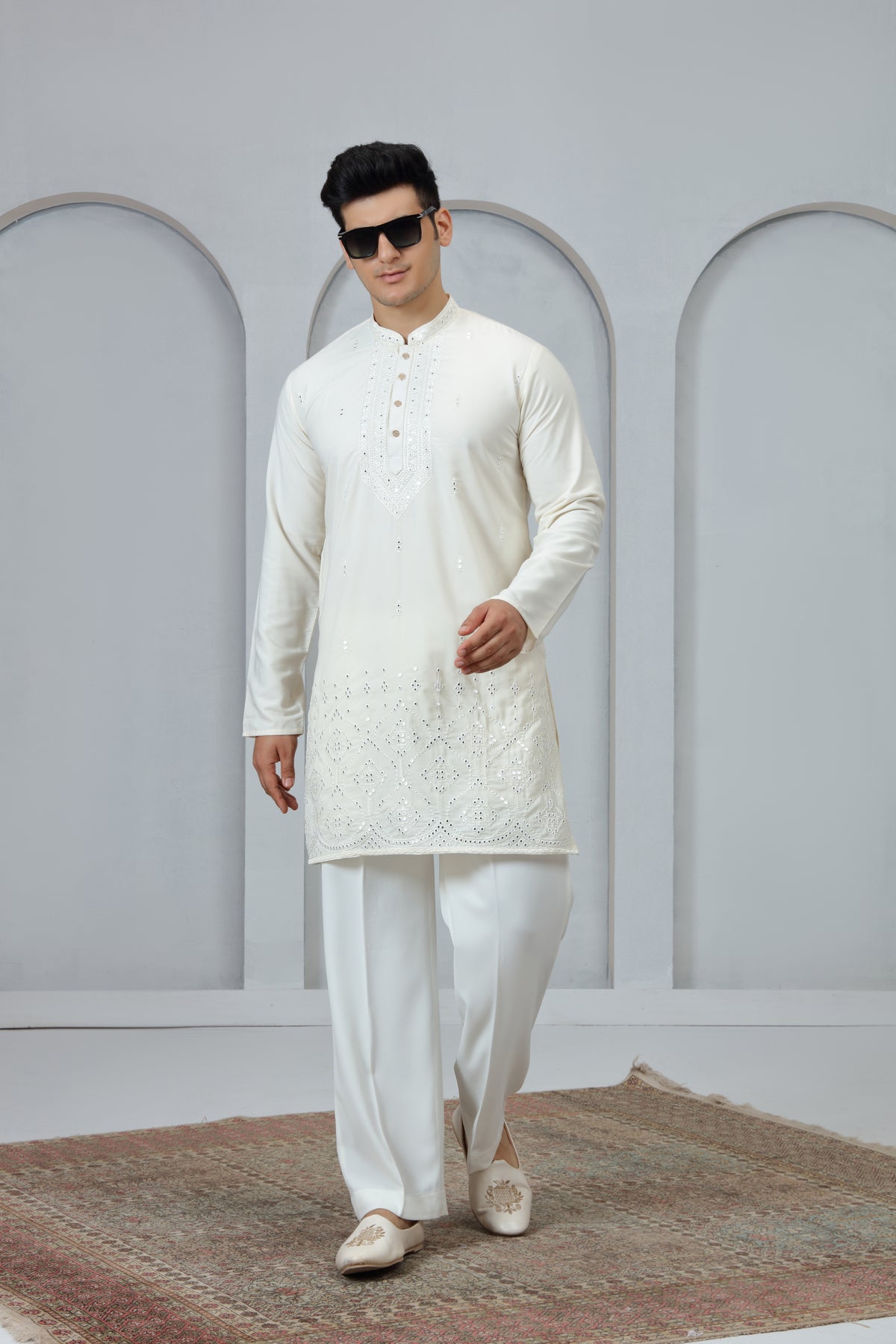 White Textured Hem Embroidery Kurta pjama
