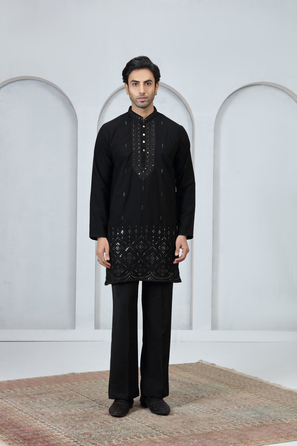 Black Sequin Pattern Kurta Pajama Set