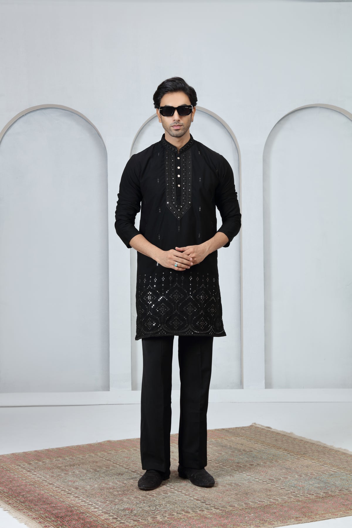 Black Sequin Pattern Kurta Pajama Set