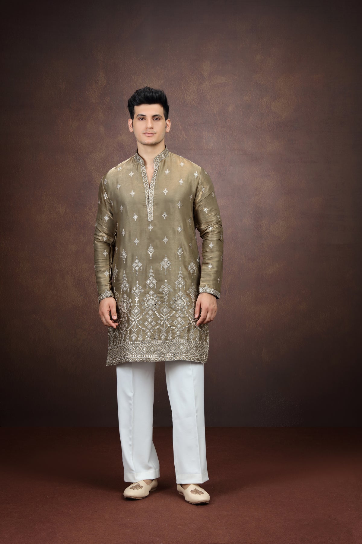 Olive Gold Pattern Work Kurta for Men
