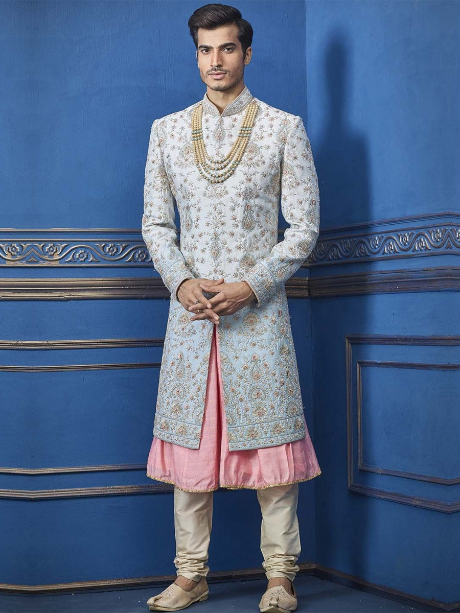 Turquoise Colour Silk Designer Men's Sherwani.