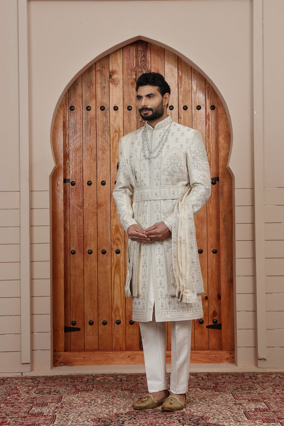 Ivory Panel Pattern Indowestern Sherwani with Dupatta