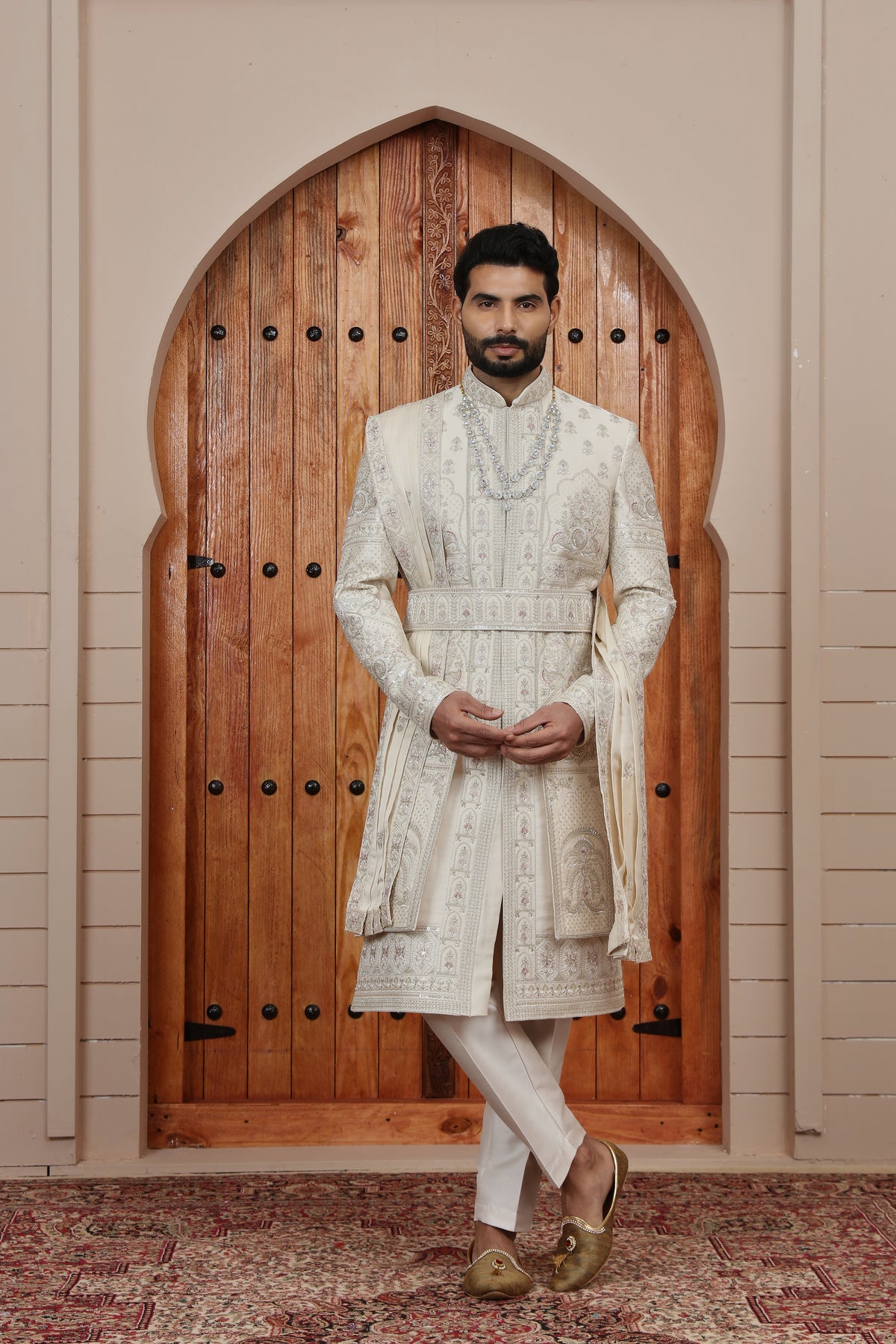 Ivory Panel Pattern Indowestern Sherwani with Dupatta