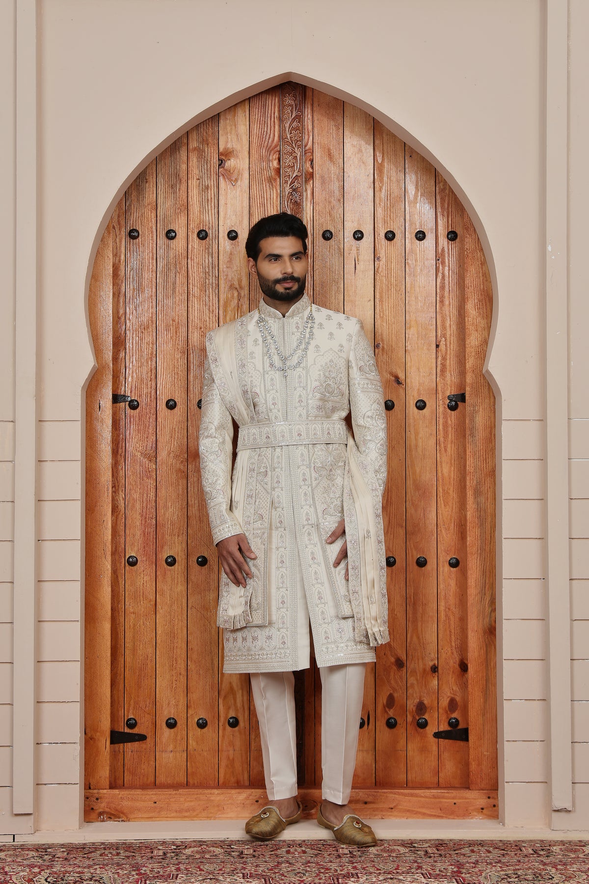 Ivory Panel Pattern Indowestern Sherwani with Dupatta