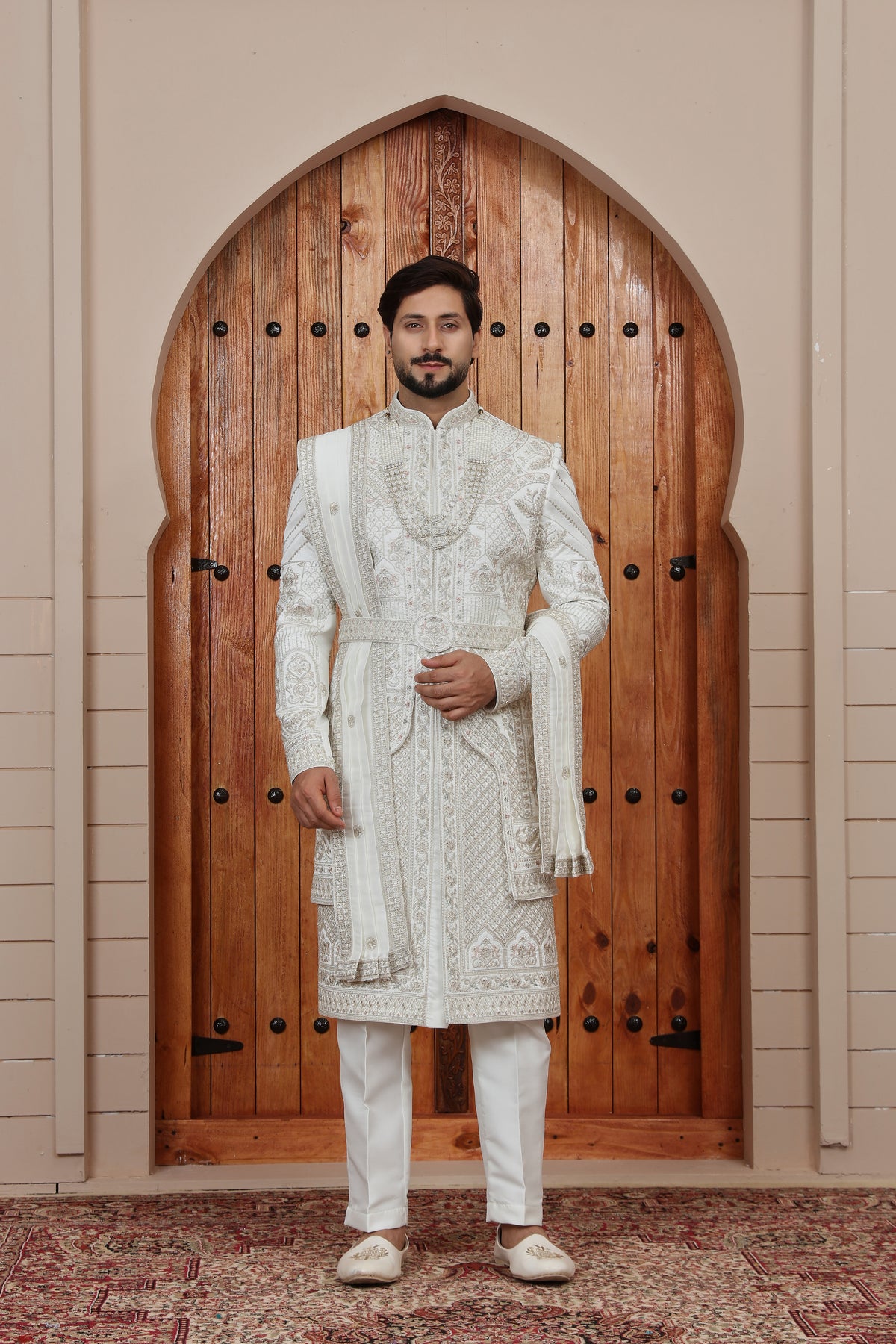 White Heritage Pattern Wedding Indowestern Sherwani