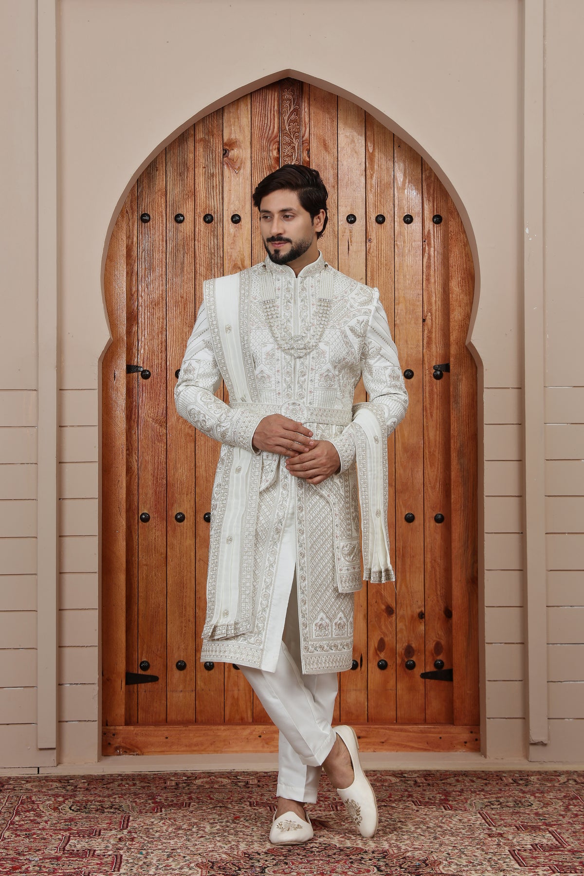 White Heritage Pattern Wedding Indowestern Sherwani