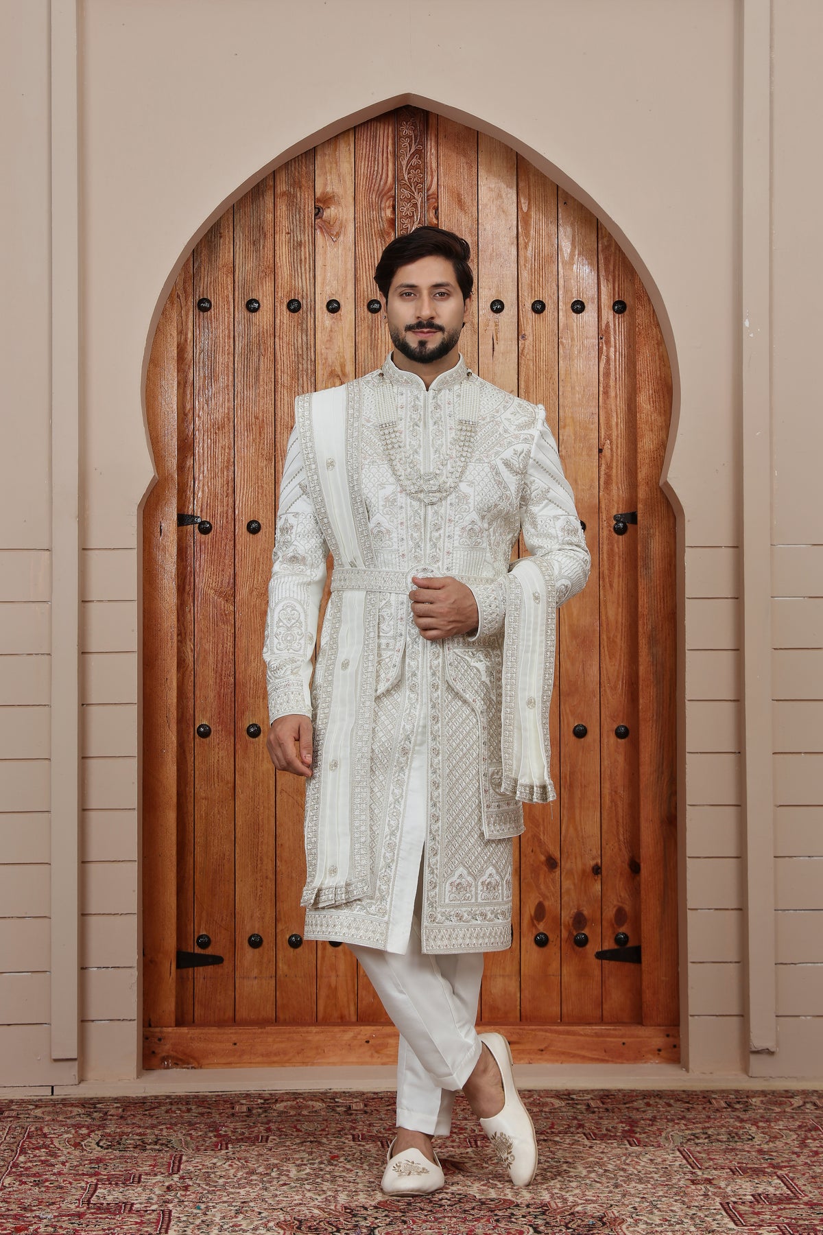 White Heritage Pattern Wedding Indowestern Sherwani