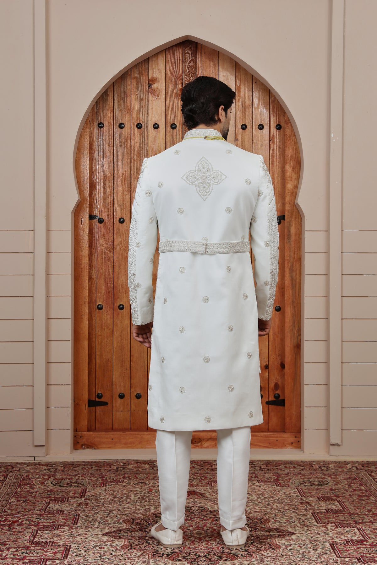 White Heritage Pattern Wedding Indowestern Sherwani