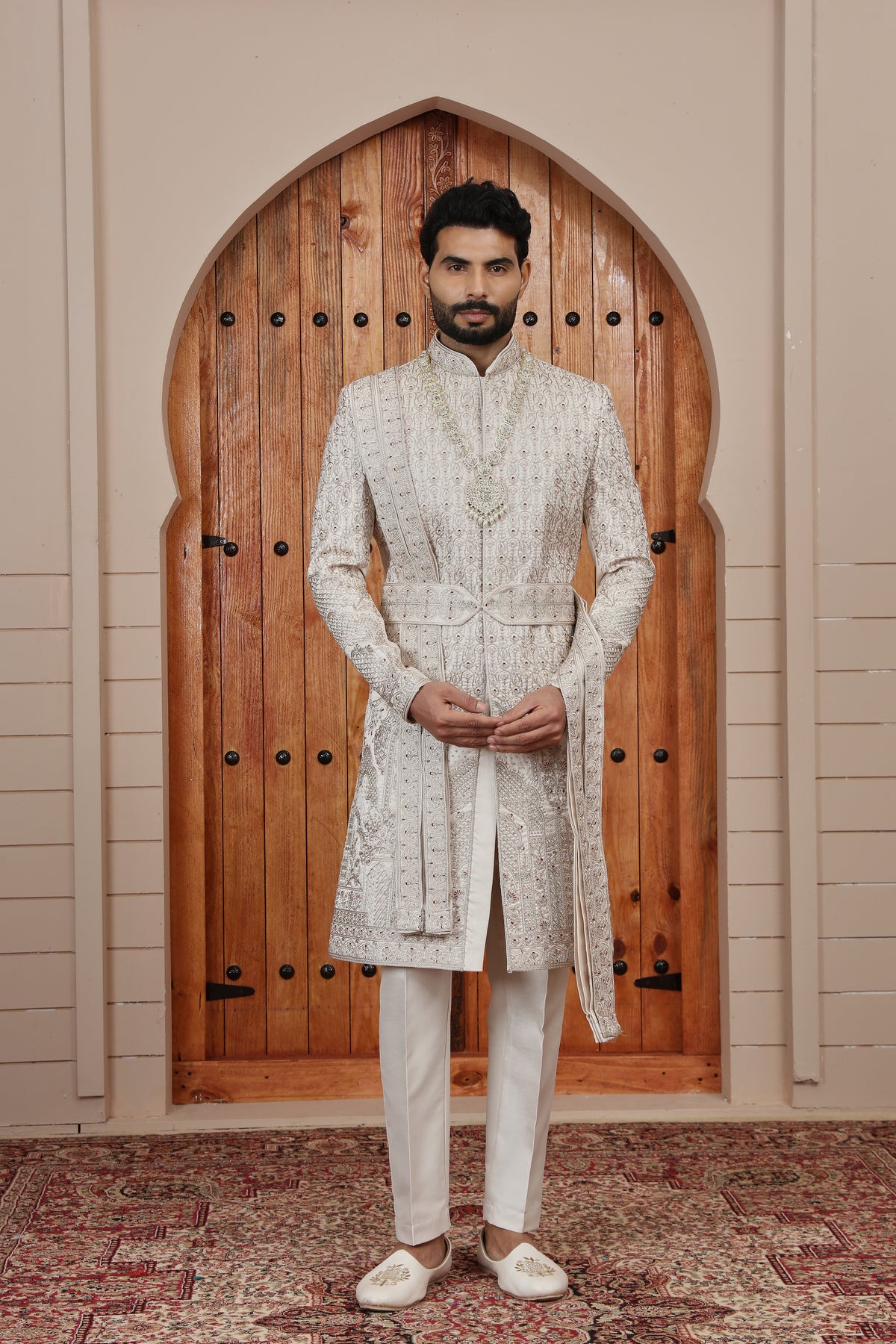 Beige Intricate Embellished Sherwani Set