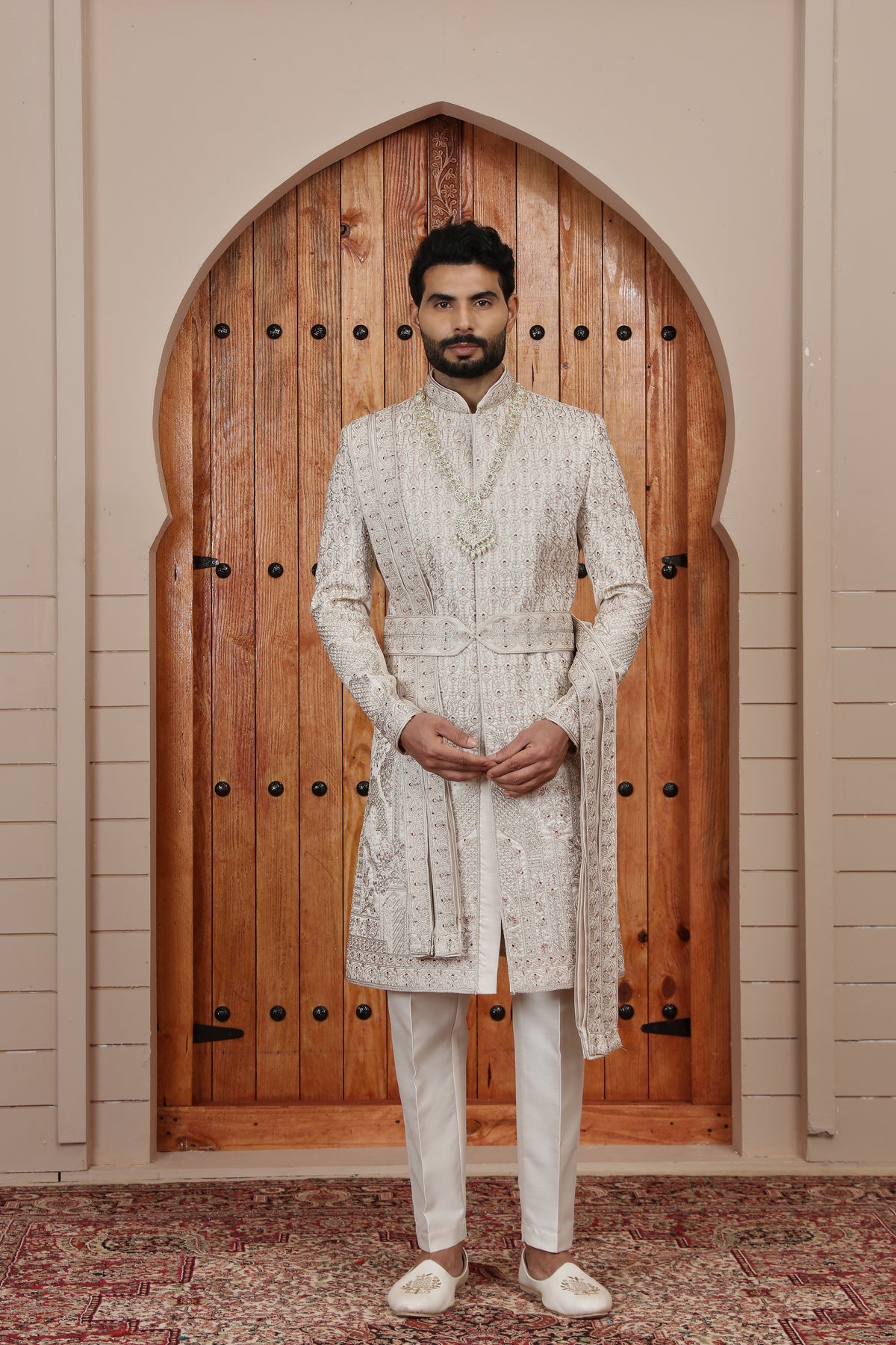 Beige Intricate Embellished Sherwani Set