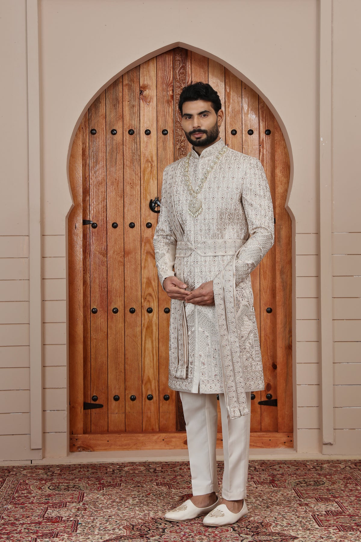 Beige Intricate Embellished Sherwani Set