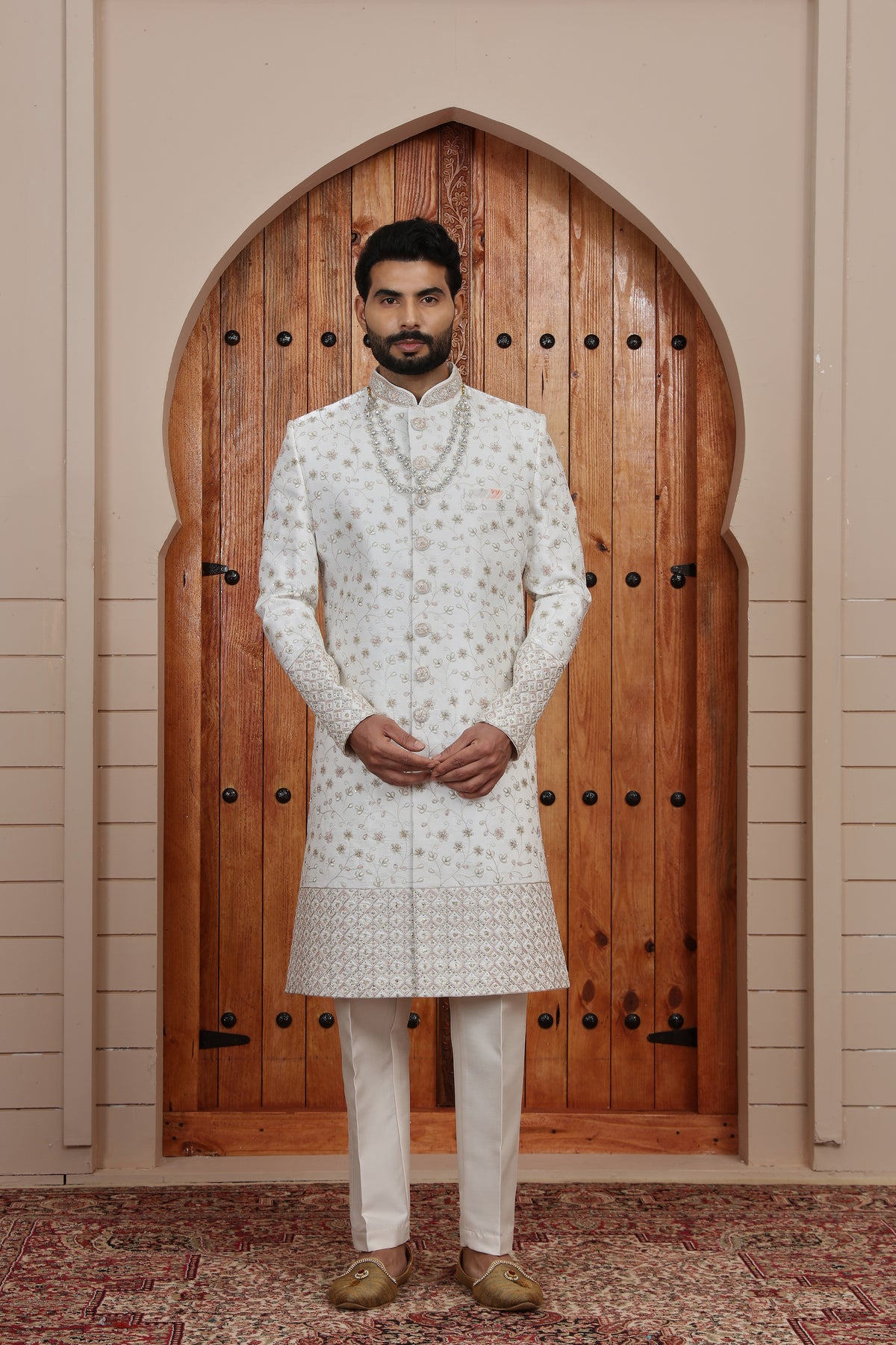 White Textured Border IndoWestern Sherwani