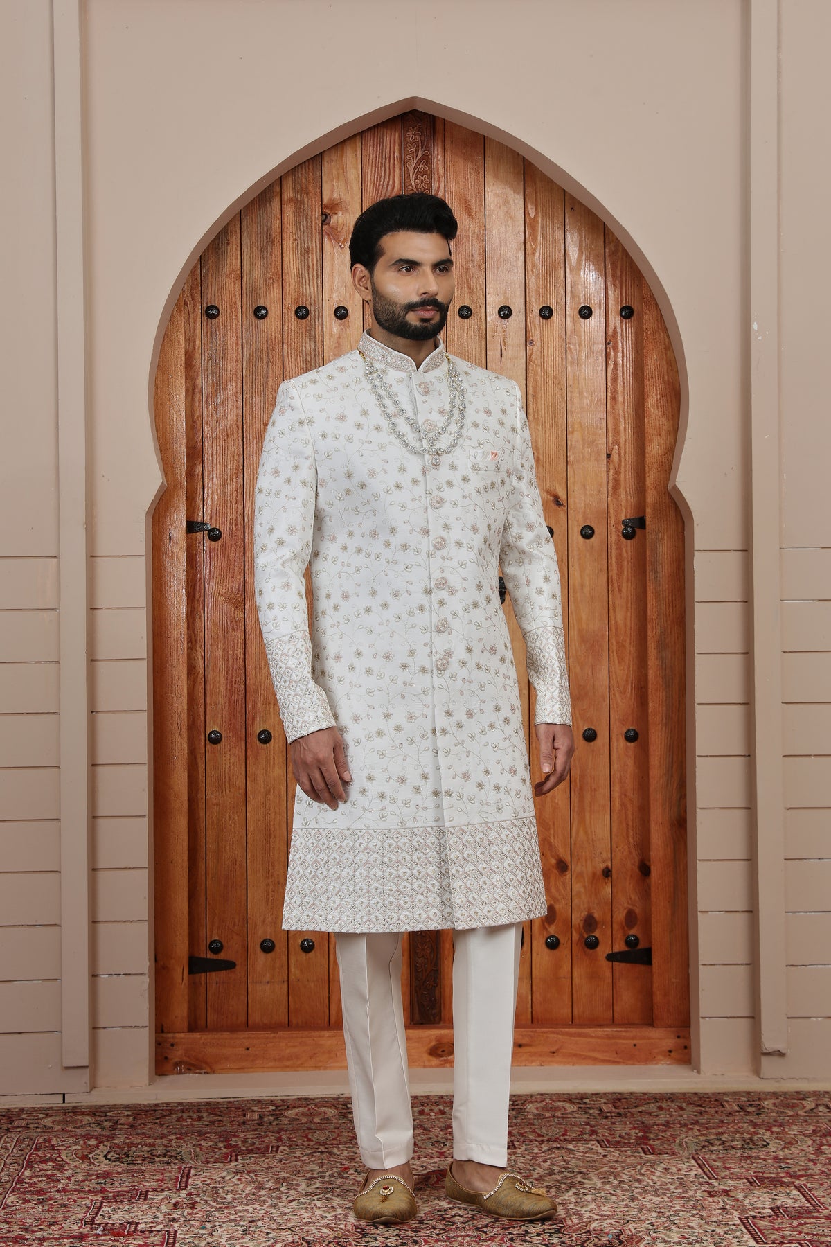 White Textured Border IndoWestern Sherwani