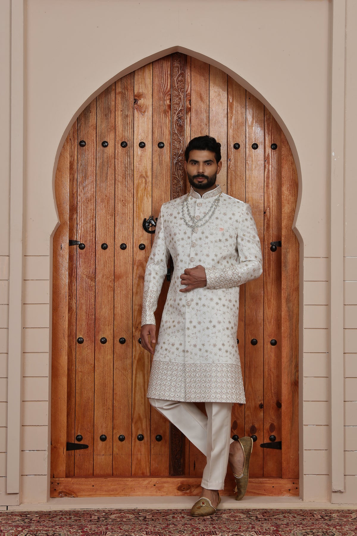 White Textured Border IndoWestern Sherwani