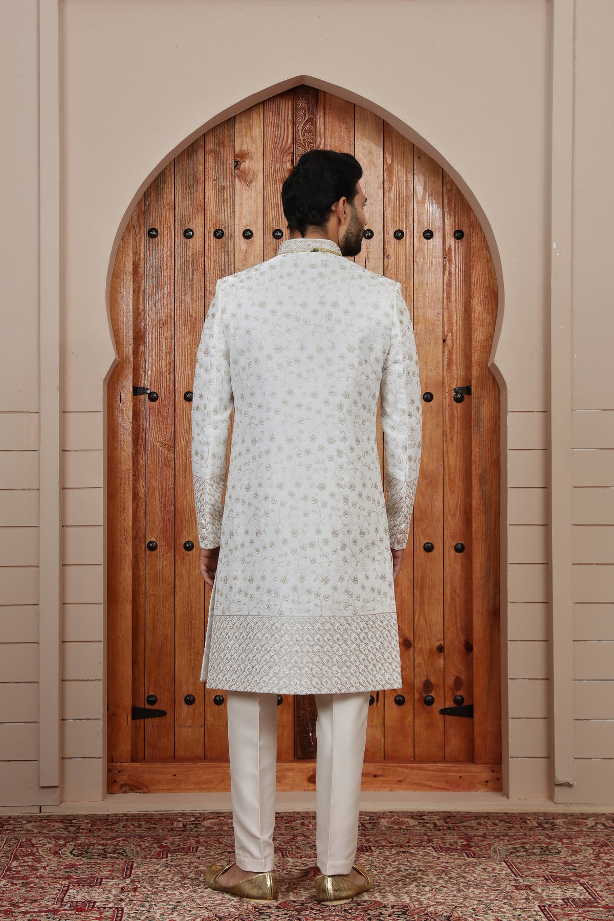 White Textured Border IndoWestern Sherwani