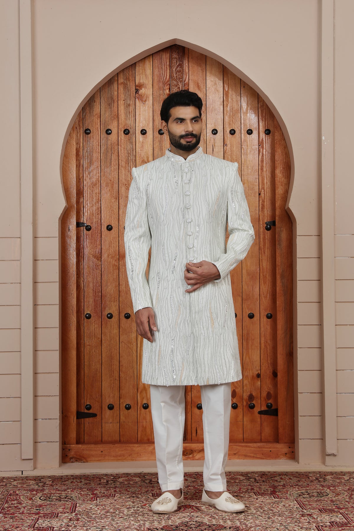 White Vertical Motif Designer Indo western Sherwani