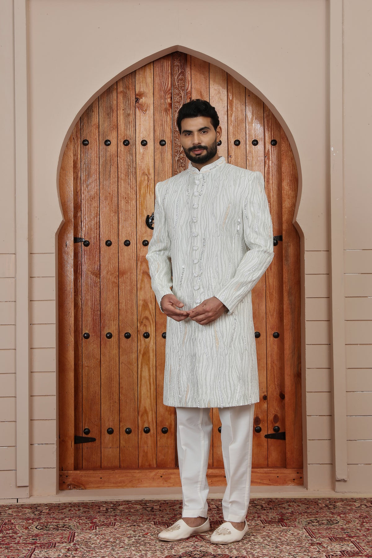 White Vertical Motif Designer Indo western Sherwani