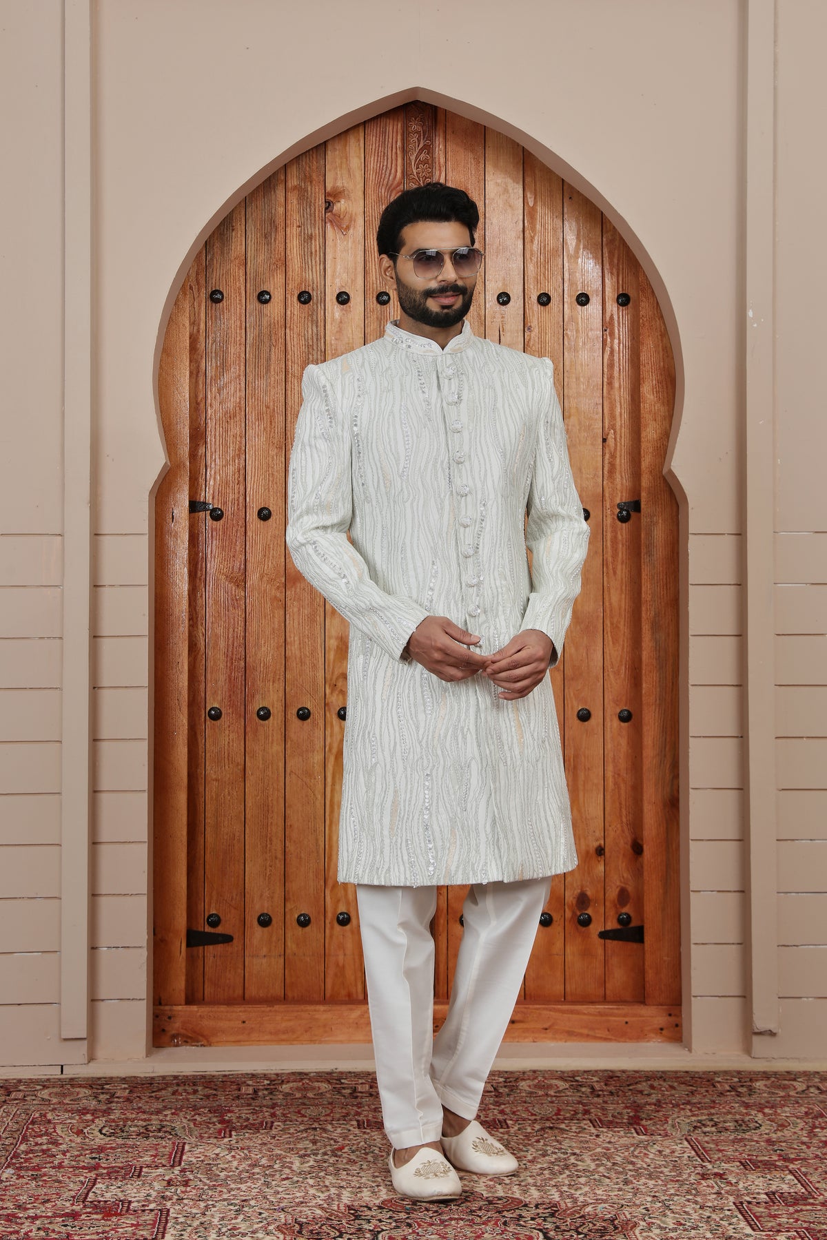White Vertical Motif Designer Indo western Sherwani