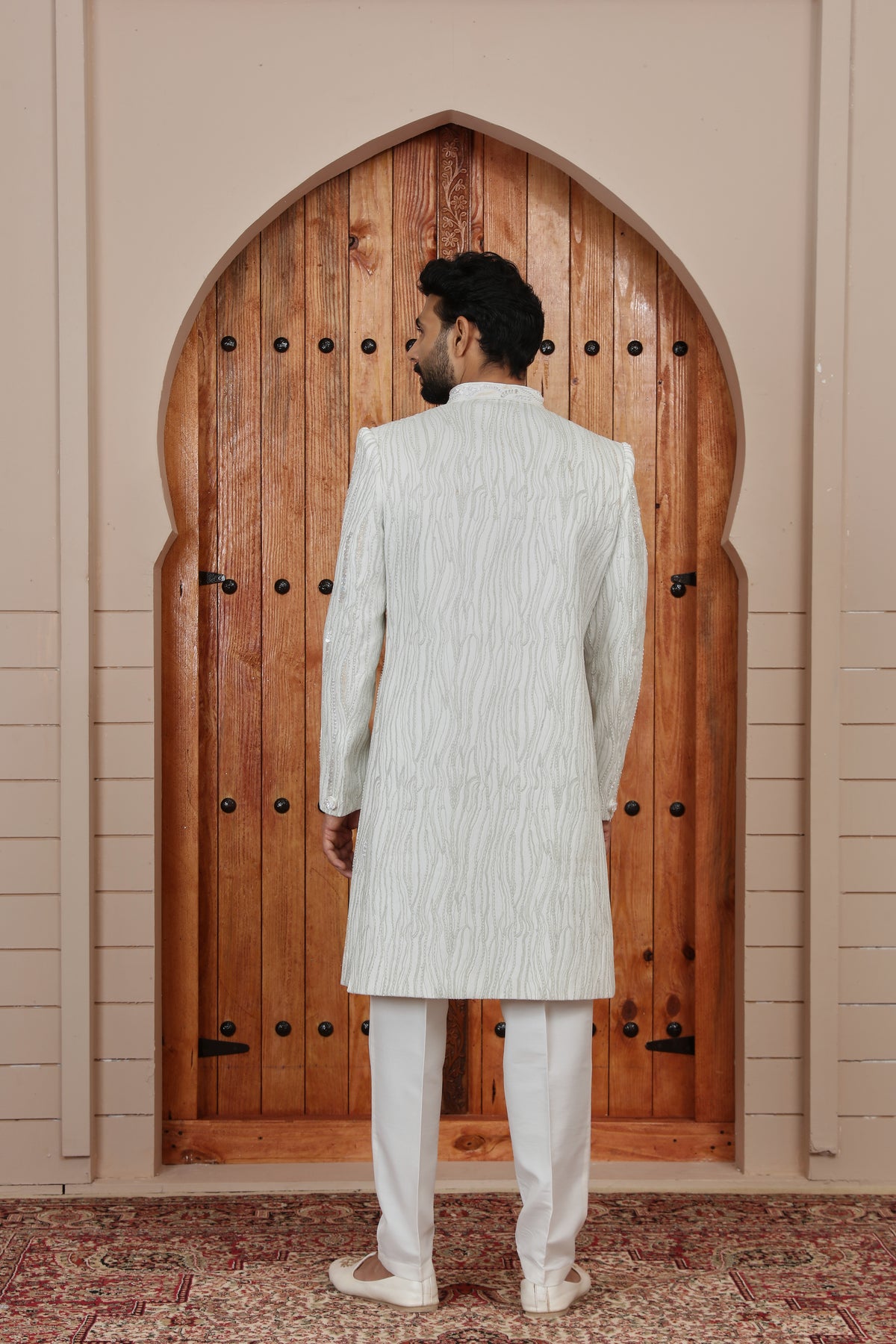 White Vertical Motif Designer Indo western Sherwani