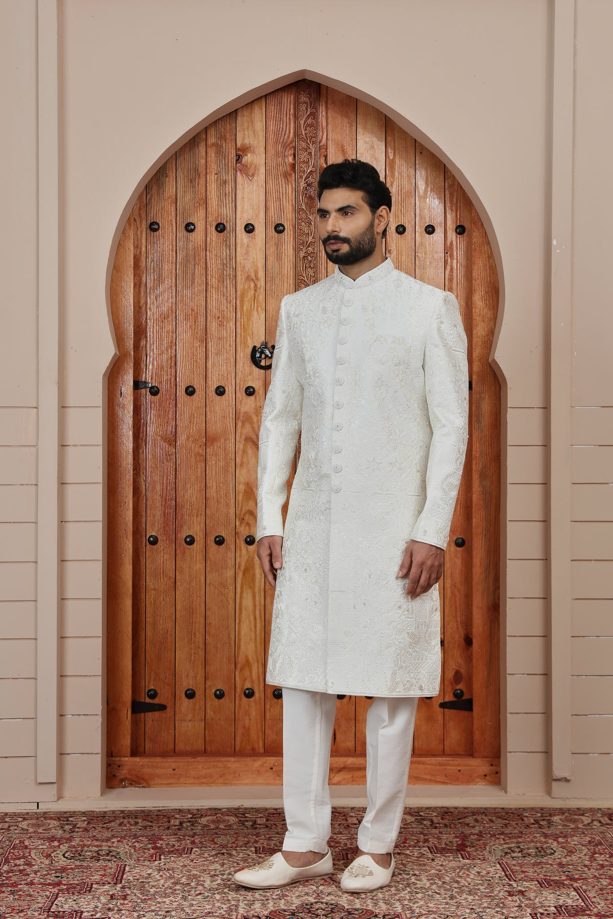 White Textured Wedding Indo Western Sherwani